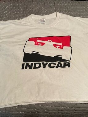 White Cropped IndyCar Graphic Tee with Red and Black Print